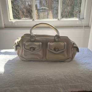 COACH Ivory Canvas White Leather 2 Handle Small Satchel Bag w/ Turnlock pockets